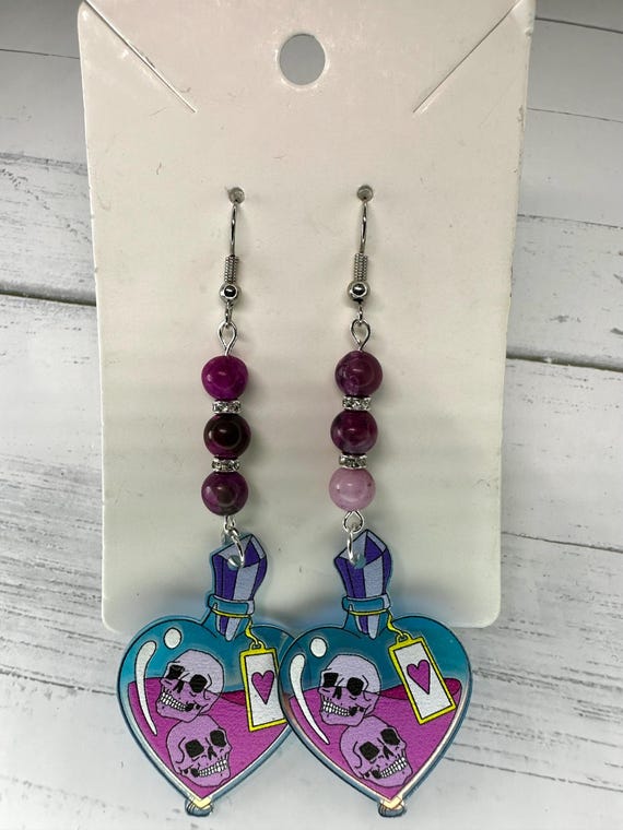 Sugilite Gemstone Skull & Heart Earrings