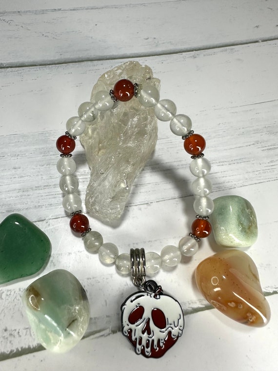 Milky Quartz & Carnelian Gemstone Beaded Bracelet with Poison Apple Charm