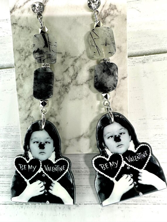 Black Rutilated Quartz Gemstone Earrings with Be My Valentines Charm