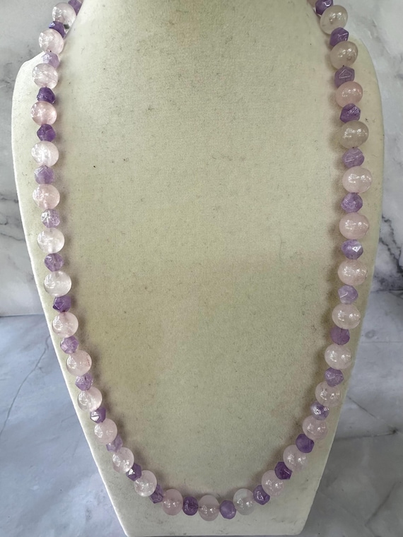 Rose Quartz 8MM & Purple Angelite Gemstone Beaded Necklace