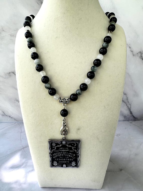 Black Obsidian 8MM, Hawk Eye Stone, & White Jade Gemstone Beaded Necklace with Ouija Board Charm