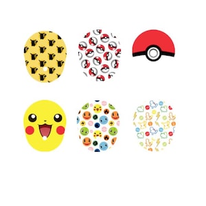 May include: Six round stickers with different Pokemon designs. The stickers feature a yellow Pikachu face, a red and white Pokeball pattern, a red Pokeball, a yellow and black pattern with a Pokemon character, a multi-coloured pattern with Pokemon characters, and a white pattern with Pokemon characters and lightning bolts.