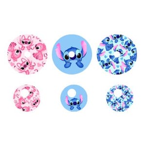 May include: Six round stickers featuring a blue cartoon character with large eyes and a pink heart on a blue background. The stickers are in two sizes, with three of each size. The smaller stickers have a pattern of the cartoon character on a pink or blue background.