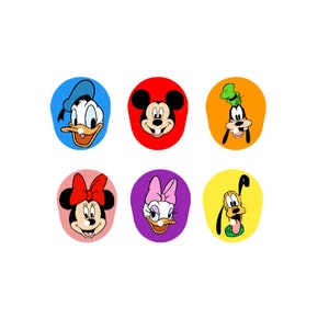 May include: Six colourful circles with cartoon character faces. The characters are Mickey Mouse, Minnie Mouse, Donald Duck, Goofy, Daisy Duck, and Pluto.
