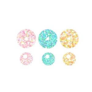May include: Six colourful, dotted circles in pink, blue, and yellow hues. The circles are arranged in two rows of three, with the top row containing larger circles and the bottom row smaller ones. The dots create a textured effect.