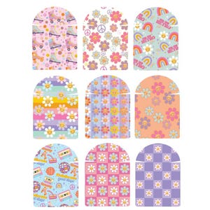 May include: Eight different designs for Airpod cases. The designs feature retro patterns with smiley faces, rainbows, roller skates, and chequered patterns.
