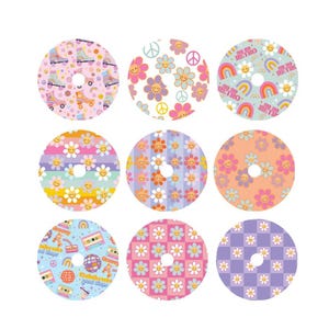 May include: Nine round stickers featuring various retro designs. The designs include rainbows, smiley faces, flowers, roller skates, and cassette tapes. The stickers are ideal for adding a touch of vintage style to your belongings.