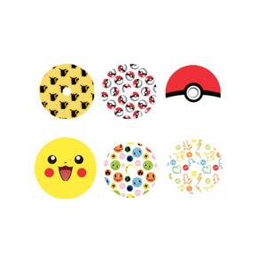 May include: Six round stickers with different Pokemon designs. The stickers feature a yellow Pikachu face, a red and white Pokeball, a yellow and black pattern, a white background with colourful Pokeball designs, a white background with colourful Pokemon characters, and a red Pokeball with a white outline.