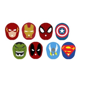 May include: Eight colourful superhero designs are displayed. The designs feature the Flash, Iron Man, Spider-Man, Captain America, Hulk, Deadpool, Thor, and Superman. Each design showcases a unique mask or emblem.