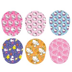 May include: Six different Hello Kitty themed mouse mats. The mouse mats are round and feature different patterns with Hello Kitty characters. The patterns include Hello Kitty with stars, Hello Kitty with bees, Hello Kitty with hearts, Hello Kitty with flowers, Hello Kitty with wings, and Hello Kitty with a space theme.