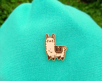 Alpaca Chibi Pin, Alpaca, Laser Engraved and 3d Printed Wooden Pin and Magnet, Laser Engraved and Cut Wooden Pin