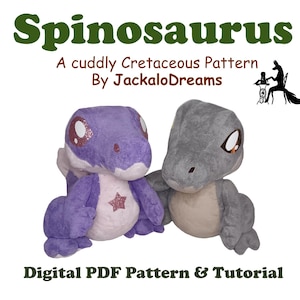 Puede incluir: Un patrón PDF digital y un tutorial para coser un dinosaurio de peluche Spinosaurus. El patrón es de JackaloDreams y presenta un Spinosaurus morado y gris.
