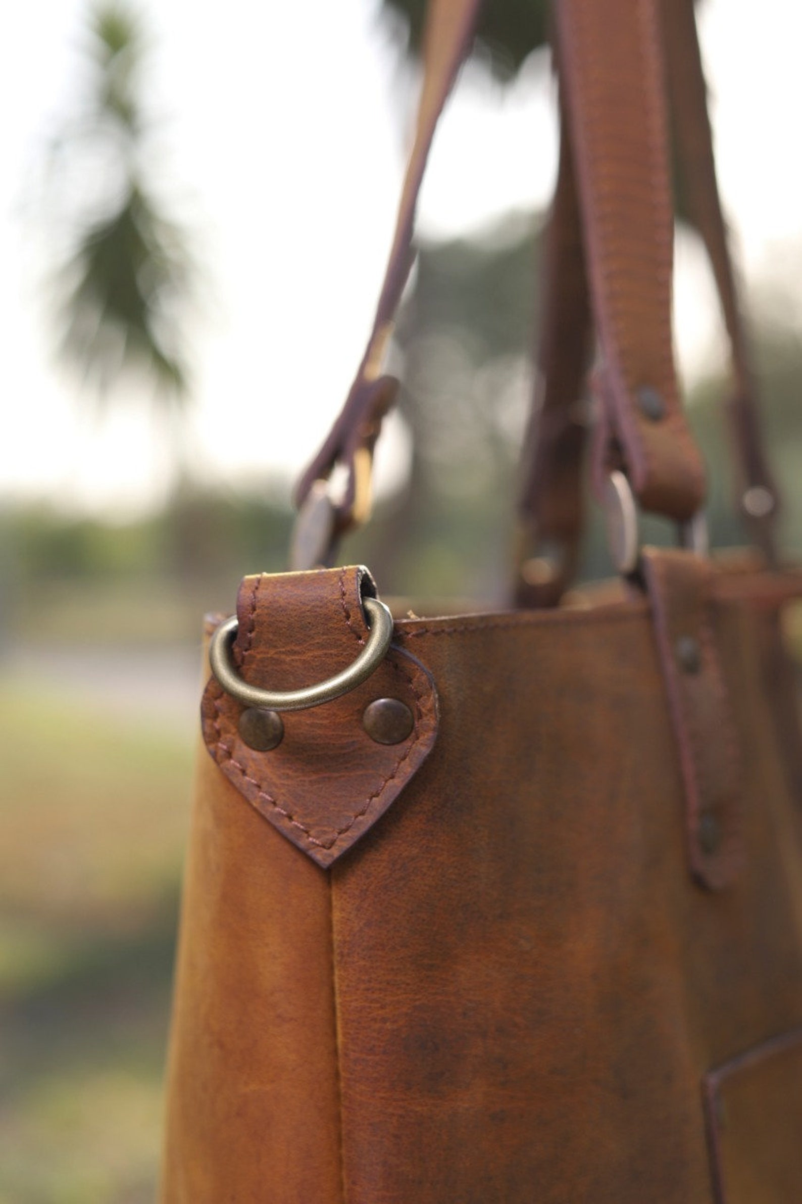 Leather Tote Bag Tote Zipper Outside Pocket Brown Bucket Etsy