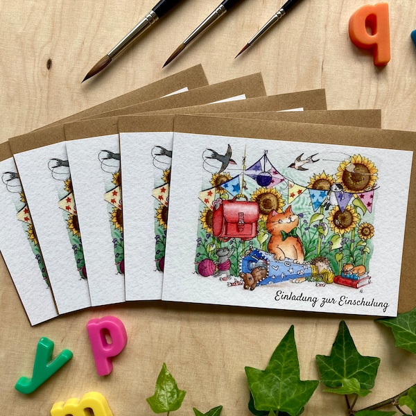 Satz von 5 niedliche 'Einladung zur Einschulung' Karten, Katze Zuckertüte Schultüte Ranzen Sonnenblumen Wimpelkette Postkarte