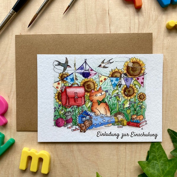 Niedliche Einladung zur Einschulung Karte, Katze Zuckertüte Schultüte Ranzen Sonnenblumen Wimpelkette Postkarte