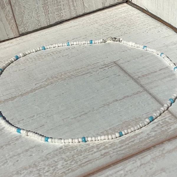 White and Blue Seed Bead Necklace