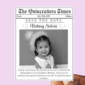 Personalized Quinceanera Photo Magnet Save the Date: Newspaper Style