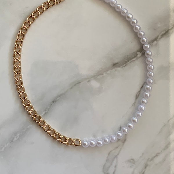 Half Pearl Half Chain Necklace Etsy