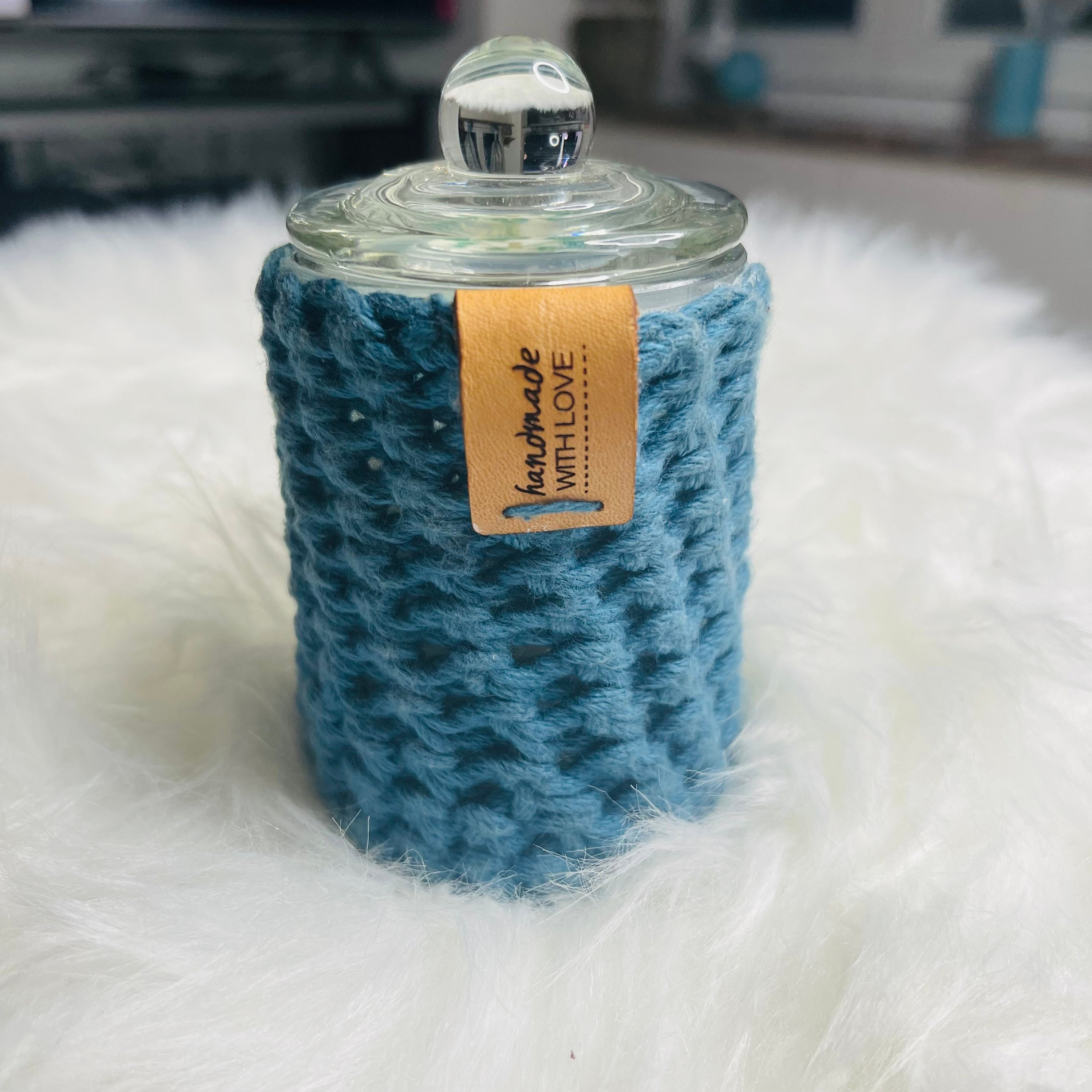 Bougie Végétale Bonbonnière Parfum Pivoine Pot Crochet Bleu