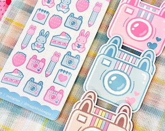 Kawaii Pink Aqua | Bunnies Rabbit Usagi | Cute Items | Camera Pencil Strawberry Cake | Bullet Journal Diary | Deco | Sticker Sheet | 3" x 6"