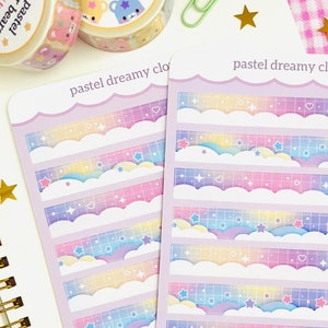 Nuages de rêve | Pastel coloré | Étoiles coeurs | Rose Jaune Bleu Violet | Journal intime du Bullet Journal | déco Washi | Feuille d'autocollants | 4" x 6"