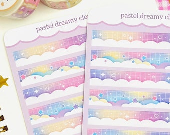May include: Two sheets of pastel rainbow cloud and star patterned washi tape. The tape is on a pink and white gingham background. The text "pastel dreamy clouds" is at the top of the sheet. The text "etsy | instagram | @maggiefuldesigns" is at the bottom of the sheet.