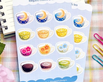 Elegant Coffee Tea | Beautiful Teatime Drinks | Cozy Latte Art Floral Flower Herbal | Bullet Journal Diary | Deco | Sticker Sheet | 4" x 6"