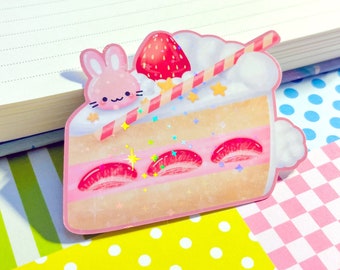 Yummy Kawaii | Strawberry Cake | Cookie Roll | Pink Bunny Rabbit Usagi | Cute Stars | Holographic Glossy Sticker | 3" x 2.5"