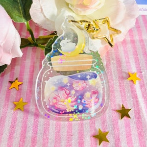 Aesthetic Star Jar | Sakura Cherry Blossom | Usagi White Bunny Rabbit | Moon Stars | Dreamy | Holographic Acrylic Keychain | 1.75&quot; x 2.5&quot;