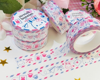Airmail Bunny Rabbit | Red Blue Stripes | Paper Airplane Mail | Travel | Stationery | Bullet Journal Deco | Washi Tape | 15mm x 10m