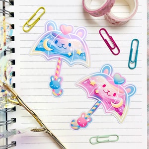 Pastel kawaii | Parapluie esthétique | Lapin Lapin Usagi | Rose Bleu | Etoiles de lune arc-en-ciel | Sticker holographique brillant | 2,5 x 3 po.