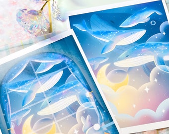 Aesthetic Whales | Flying Celestial | Space Galaxy | Moon Stars | Semi-Gloss Art Print | 8" x 10", 8.5" x 11"