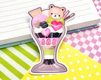 Yummy Kawaii | Parfait Ice Cream Sundae Cookie | Strawberry Matcha Chocolate | Hearts | Cute Bear | Holographic Glossy Sticker | 2" x 3"