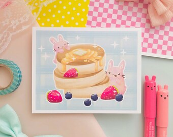 Yummy Kawaii | Fluffy Souffle Pancakes | Strawberries Blueberries | Pink Usagi Bunnies | Holographic Art Print | 5" x 4"