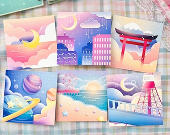 Aesthetic Scenery Series | Moon Stars City Torii Gate Space Celestial Ferris Wheel Beach Tokyo Tower | Matte Art Print | 4" x 4", 8" x 8"