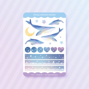 Aesthetic Whales Flying Celestial Space Galaxy Moon Stars Hearts Bullet Journal Diary Deco Washi Sticker Sheet 4 x 6 image 2