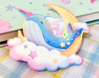 Kawaii Pastel | Whale Flying | Bunny Rabbit Usagi | Rainbow Clouds Moon Stars | Holographic Glossy Sticker | 3" x 2.75"