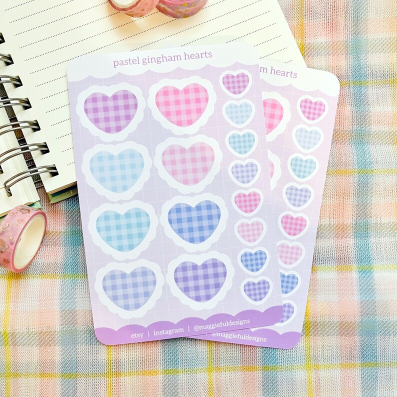 Aesthetic Hearts Pastel Palette Gingham Pattern Checkered Striped Tiled Bullet Journal Diary Deco Sticker Sheet 4 x 6 image 3