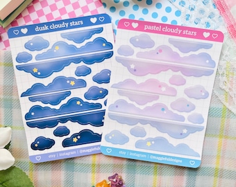 Kawaii Clouds | Pastel Stars | Light Dark | Sky Celestial | Bullet Journal Diary | Deco | Sticker Sheet | 3.35" x 4.5"