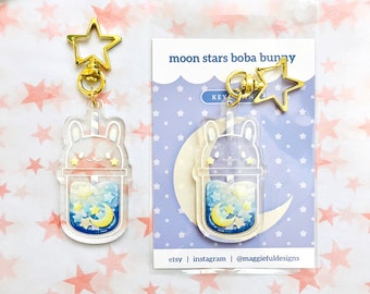 Kawaii Aesthetic | Boba Bubble Tea | Bunny Rabbit Usagi | Galaxy Space Celestial Moon Stars | Holographic Acrylic Keychain | 1.25" x 2.5"