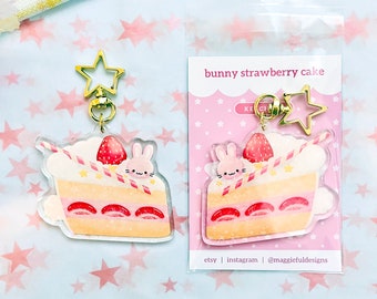 Yummy Kawaii | Strawberry Cake | Cookie Roll | Pink Bunny Rabbit Usagi | Cute Stars | Holographic Acrylic Keychain | 2.5" x 2.25"