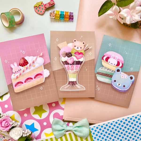 Sweet Kawaii | Desserts Series | Parfait Ice Cream Sundae Strawberry Cake Macarons Street Food Snacks Cafe | Glossy Art Print | 4" x 6"