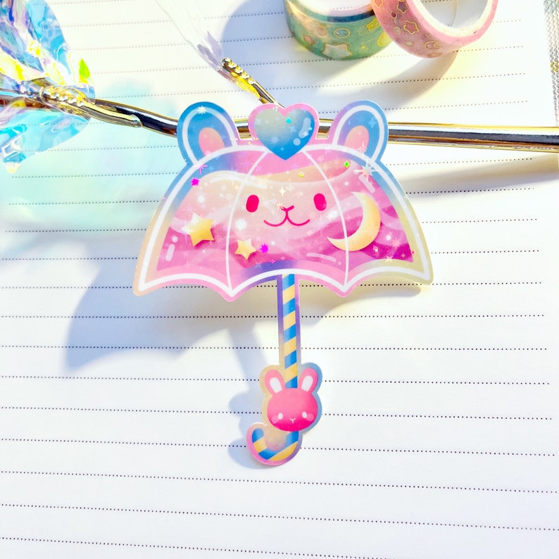 Kawaii Pastel Aesthetic Umbrella Bunny Rabbit Usagi Pink Blue Rainbow Moon Stars Holographic Glossy Sticker 2.5 x 3 Holographic - Pink