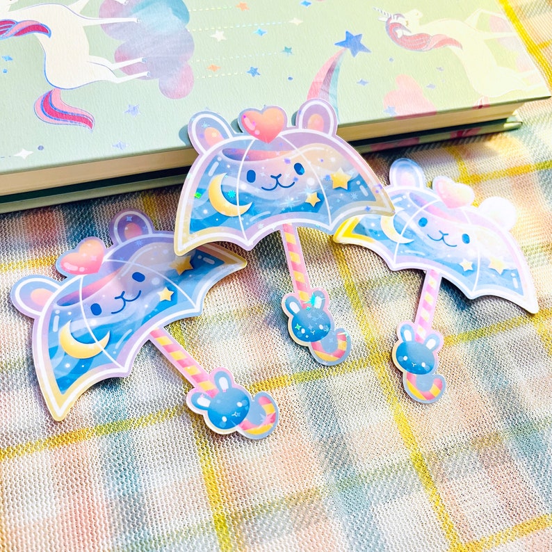 Kawaii Pastel Aesthetic Umbrella Bunny Rabbit Usagi Pink Blue Rainbow Moon Stars Holographic Glossy Sticker 2.5 x 3 image 8