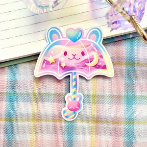 Kawaii Pastel Aesthetic Umbrella Bunny Rabbit Usagi Pink Blue Rainbow Moon Stars Holographic Glossy Sticker 2.5 x 3 Glossy - Pink