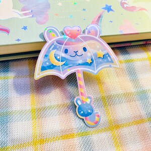 Kawaii Pastel Aesthetic Umbrella Bunny Rabbit Usagi Pink Blue Rainbow Moon Stars Holographic Glossy Sticker 2.5 x 3 image 7