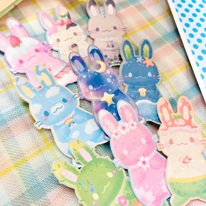 Série lapin | Gâteau Boba, thé au lait, crème glacée, galaxie nuageuse, océan, cactus, fleur de cerisier, champignon | Sticker holographique brillant | 1,5 x 3 po.