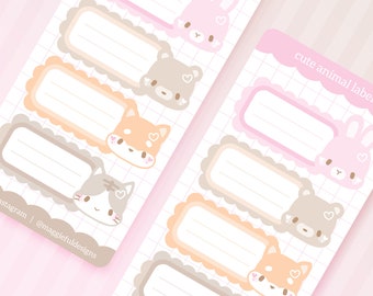 Cute Kawaii Labels | Animals | Pink Bunny Rabbit Teddy Bear Shiba Inu Dog Neko Cat | Bullet Journal Diary | Mail | Sticker Sheet | 3" x 6"