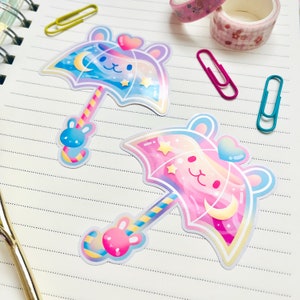Kawaii Pastel Aesthetic Umbrella Bunny Rabbit Usagi Pink Blue Rainbow Moon Stars Holographic Glossy Sticker 2.5 x 3 image 2