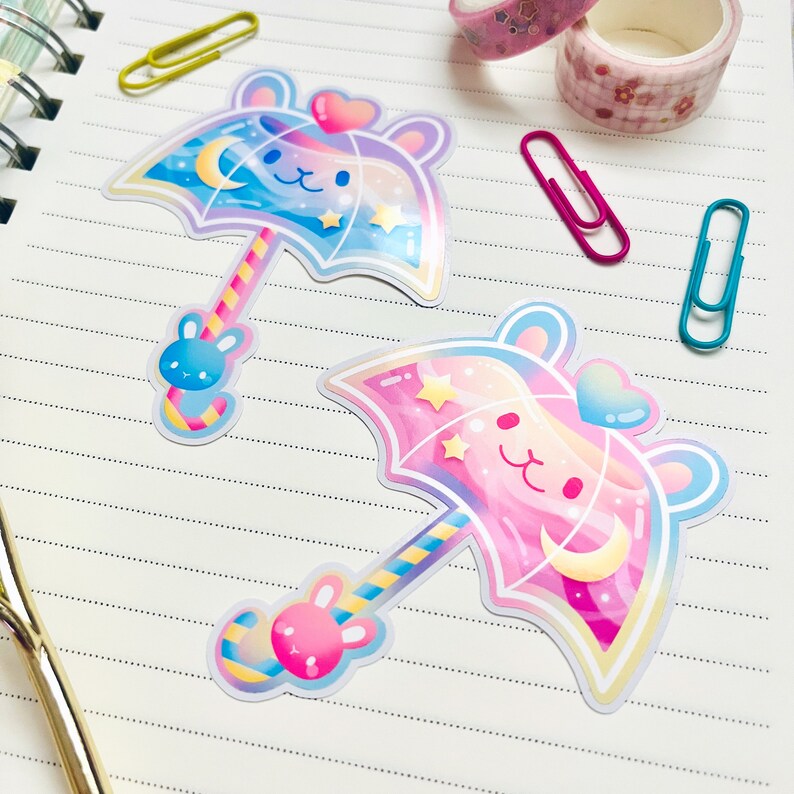 Kawaii Pastel Aesthetic Umbrella Bunny Rabbit Usagi Pink Blue Rainbow Moon Stars Holographic Glossy Sticker 2.5 x 3 image 2